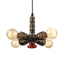 Industrial Bare Edison Bulbs Chandelier in Rust Finish with Valve Accent, 4 Lights
