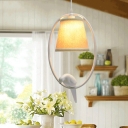 Lodge Style Circular Ring Drop Light Beige Fabric Shade Single Light Hanging Lamp with Bird
