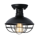 Matte Black Wire Guard Lighting Fixture with Dome Shade Nautical Style Metal 1 Light Semi Flush Mount Lighting