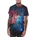 Cool 3D Galaxy Pattern Round Neck Short Sleeve Loose Fit Longline T-Shirt in Blue