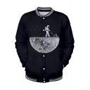 3D Moon Astronaut Print Rib Stand Collar Long Sleeve Button Front Black Baseball Jacket