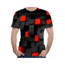 Summer Cool 3D Black and Red Check Pattern Round Neck Short Sleeve T-Shirt