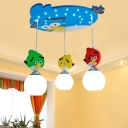 Cartoon Birds Hanging Lamp with Frosted Glass Shade Amusement Park 3 Lights Suspended Light