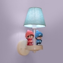 Blue Fabric Shade Wall Light with Cute Boys and Girls 1 Light Wall Mount Fixture for Baby Room