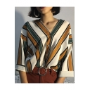 Classic Striped Printed Three-Quarter Sleeve V-Neck Button Down Shirt for Women