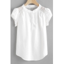 Summer White Hollow Out Detail Button Front Plain Casual Blouse
