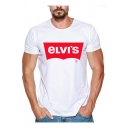 Basic Simple White Letter ELVIS Print Round Neck Short Sleeve Loose Fit T-Shirt