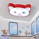 Cute Cat Pattern Ceiling Lamp Nursing Room Metallic LED Flush Light Fixture in Red