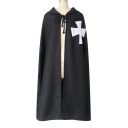 Stylish Black Cosplay Costume Knight Cross Print Hooded Longline Cape Coat