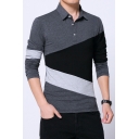 Men's High Quality Cotton Three-Button Long Sleeve Colorblock Fitted Polo Shirt