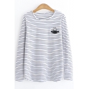 Cartoon Cat Eat Fish Embroidered Round Neck Long Sleeve Loose Fit Striped T-Shirt