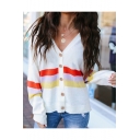 White V-Neck Long Sleeve Striped Printed Button Down Cozy Loose Cardigan