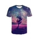 Purple 3D Galaxy Big Tree Print Short Sleeve Basic T-Shirt