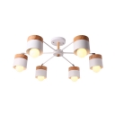 6 Lights Branch Chandelier with White Cylinder Shade Modern Fashion Wooden Suspended Light