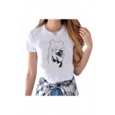 Girls White Basic Round Neck Short Sleeve Cartoon Girl Cat Printed T-Shirt