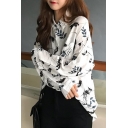 New Trendy Leaf Printed Long Sleeve Women's Loose Fit White Button Shirt