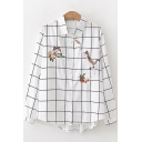 Cartoon Cat Embroidered Lapel Collar Long Sleeve Button Down Plaid White Shirt