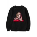 American Rapper Figure Print Round Neck Long Sleeve Relaxed Pullover Sweatshirt