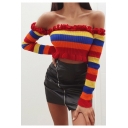 Trendy Ruffle Hem Off the Shoulder Long Sleeve Colorful Striped Cropped Red Sweater
