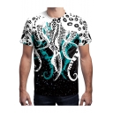 Crewneck Short Sleeve Fashion 3D Octopus Printed White Basic T-Shirt