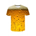 Cool 3D Beer Bubble Printed Round Neck Short Sleeve Yellow Tee
