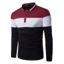 Fashion Rib Collar Colorblocked Long Sleeve Men's Casual Regular Fit Polo Shirt