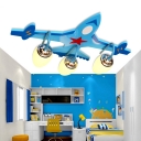 Blue Airplane Flush Mount White Glass Shade Triple Lights Ceiling Fixture for Children Bedroom