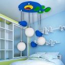 Blue Fish Suspended Light Triple Heads Hanging Lamp with White Glass Shade for Kids Room