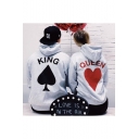 Popular Heart King Queen Graphic Printed Casual Loose Grey Hoodie for Couple