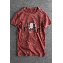 Letter Bull Print Summer Retro Washed Comfort Casual Distressed T-Shirt