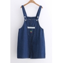 Students Strawberry Embroidered Pocket Patched Mini Overall Denim Dress