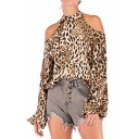 Fashion Leopard Printed Mock Neck Cold Shoulder Lantern Sleeve Khaki Blouse