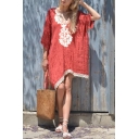 Summer Chic Lace-Panelled V-Neck Three-Quarter Sleeve Casual Loose Shift Linen Mini Dress for Holiday