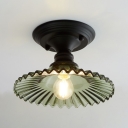Scalloped Semi Flush Mount Light with Olive Green Glass Shade Retro Style Single Head Ceiling Fixture