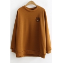 Cute Cartoon Embroidered Chest Crewneck Long Sleeve Casual Loose Pullover Sweatshirt
