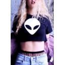 Cool Alien Printed Basic Round Neck Short Sleeve Cropped Black T-Shirt