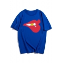 Summer Cool Red Lip Printed Basic Short Sleeve Round Neck Casual Loose T-Shirt