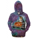 Cool 3D Pizza DJ Cat Galaxy Print Long Sleeve Full Zip Fitted Purple Hoodie