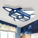 Airplane LED Flush Light Modernism Boys Bedroom Wooden Ceiling Fixture in Dark Blue