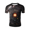 Cool 3D Galaxy Print Basic Round Neck Short Sleeve Black T-Shirt