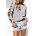 Trendy Striped Long Sleeve Round Neck Casual Loose Grey Sweater