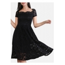 Summer New Fashion Hollow Out Short Sleeve Black Midi A-Line Lace Dress