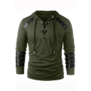 Cool Unique PU Patched Lace-Up Front Long Sleeve Mens Loose Fit Hoodie