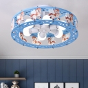 Blue/Pink Drum Semi Flush Light with Cartoon Horse Metal 6 Lights Ceiling Light for Kids