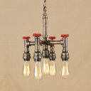 5 Heads Open Bulb Hanging Lamp with Pipe Industrial Metallic Chandelier in Antique Bronze/Silver