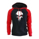 The Skull Print Colorblock Raglan Sleeve Loose Casual Drawstring Hoodie