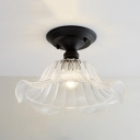 Textured Glass Flared Semi Flush Mount Retro Style Single Head Lighting Fixture in Matte Black for Staircase