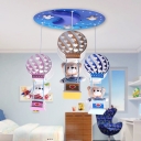 3 Lights Bear Drop Light with Hot Air Balloon Kindergarten Wooden Pendant Lamp in Multi Color
