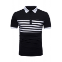 Summer New Trendy Contrast Trim Striped Patched Slim-Fit Men Stretch Polo Shirt