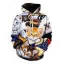 Unique 3D Cat Printed Sport Loose Pullover Drawstring Hoodie